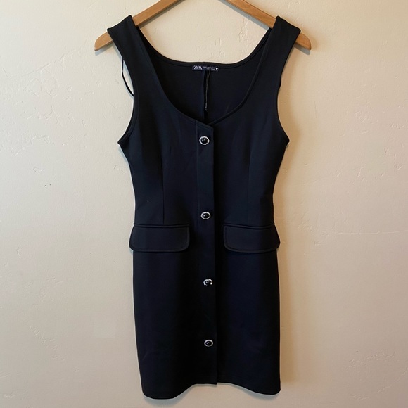 NEW ZARA Rhinestone Button Down Career Mini Dress Black M - Picture 5 of 9